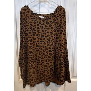 Terra & Sky Women's 3X Leopard Print Peplum Tunic Top Brown Black Plus Size